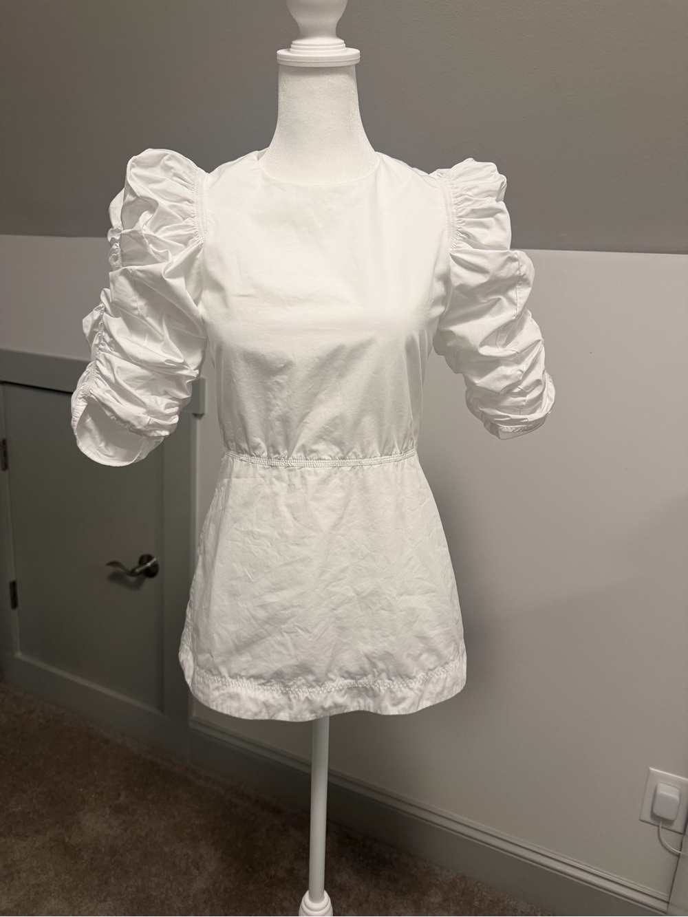 CELINE Paris White Cotton Ruched Puff Sleeve Tunic Top Blouse Size 34 US 0
